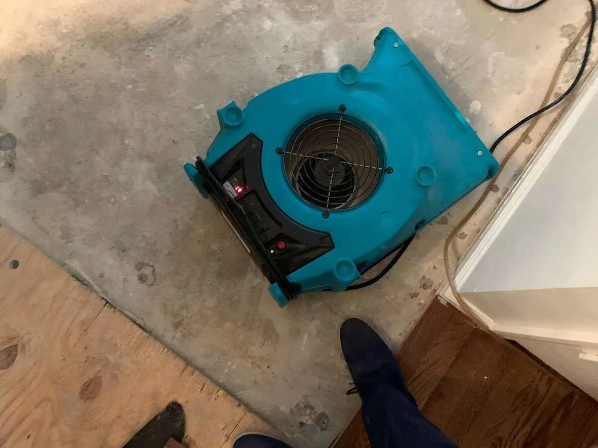 Air mover drying subfloor during Leak Detection & Repair in Cinnaminson